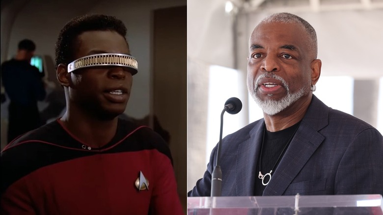 Geordi La Forge speaking and LeVar Burton speaking at a podium