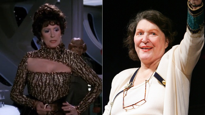 Lwaxana Troi wearing an evening dress & Majel Barrett waving her hand and smiling