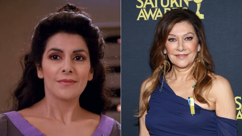 Deanna Troi smiling and Marina Sirtis wearing a blue dress and smiling on the red carpet