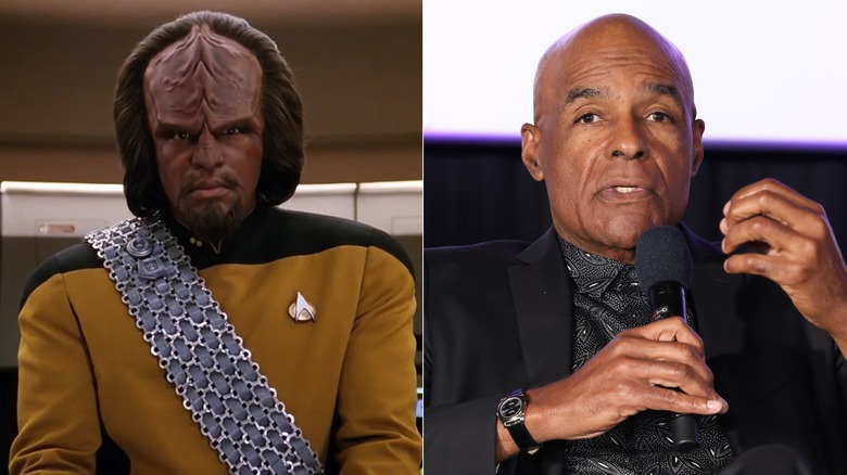 Worf staring ahead and Michael Dorn wearing a black blazer and speaking on the microphone