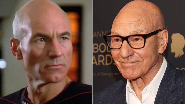 Jean-Luc Picard looking stern and Patrick Stewart wearing glasses and a suit while smiling for a photo