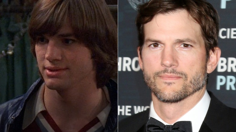 Ashton Kutcher as Kelso on That 70s Show, staring into camera with stubble 2020s tuxedo