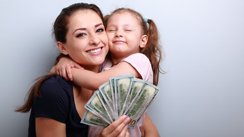 woman, child, money, hug