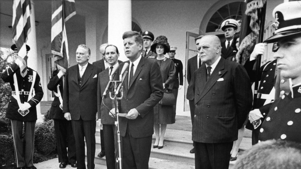 President John F. Kennedy during the press conference where he declares Sir Winston Churchill an honorary U.S. citizen