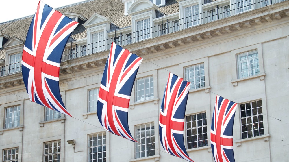 Union Jack flags hang