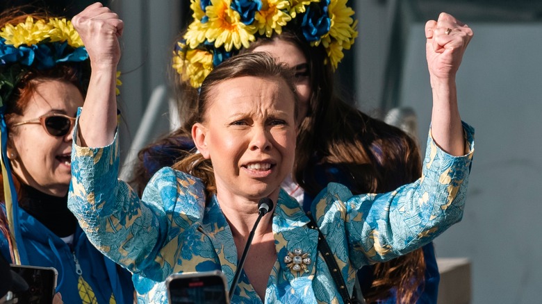 Oksana Baiul-Farina at a rally for Ukraine