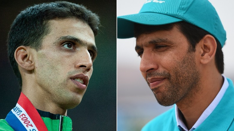 El-Guerrouj winning a medal in 2003 and at a 2020 event in a hat
