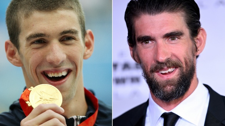 Michael Phelps winning a medal in 2008 and at an event in 2022