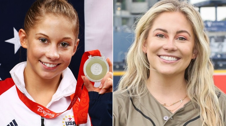 Shawn Johnson holding her silver medal in 2008 and playing in a charity baseball game in 2022