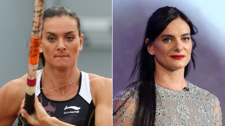 Yelena Isinbayeva pole vaulting in 2009 and at an event in 2020