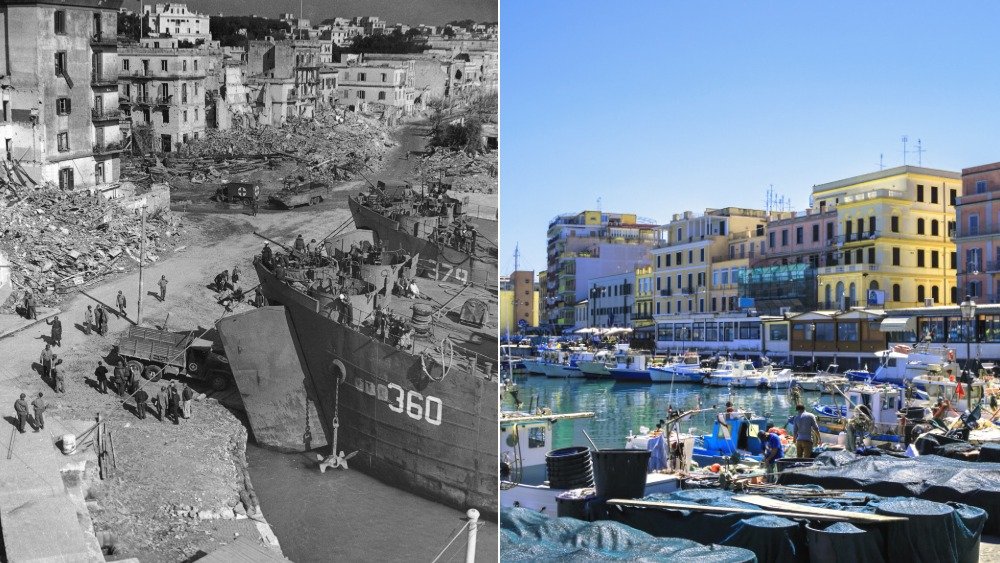 Left: Allied forces landing at the Anzio harbor in 1944. Right: The Anzio harbor today