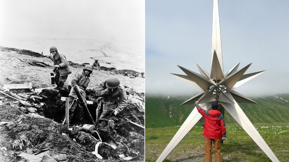 Left: US Soldiers firing mortars on Attu Island in 1943. Right: The Japanese Peace Memorial on Attu  in 2007.