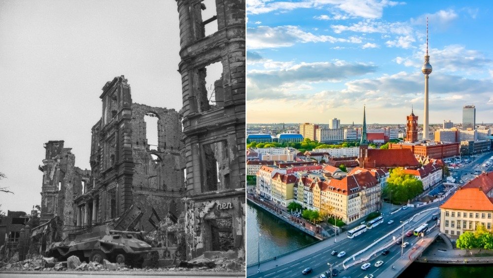 Left: A battered tank among the ruins of downtown Berlin in 1945. Right: Berlin skyline today.