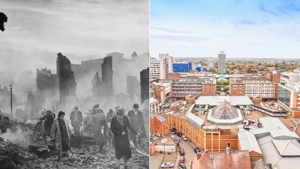 Left: Residents pick through rubble in the streets of Coventry after a bombing raid in 1940. Right: The skyline of Coventry today.