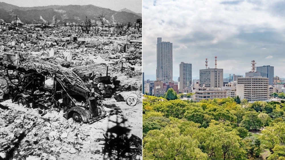 Left: The devastation of Hiroshima after the atomic bomb. Right: Hiroshima City skyline today.