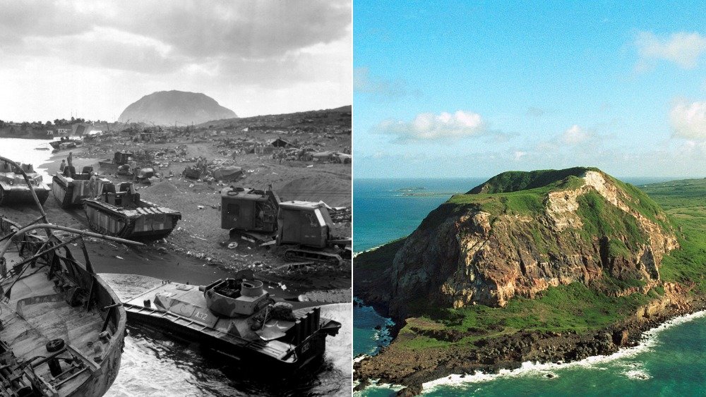 Left: Destroyed tanks on a beach before Mt. Suribachi in 1945. Right: Mt. Suribachi today