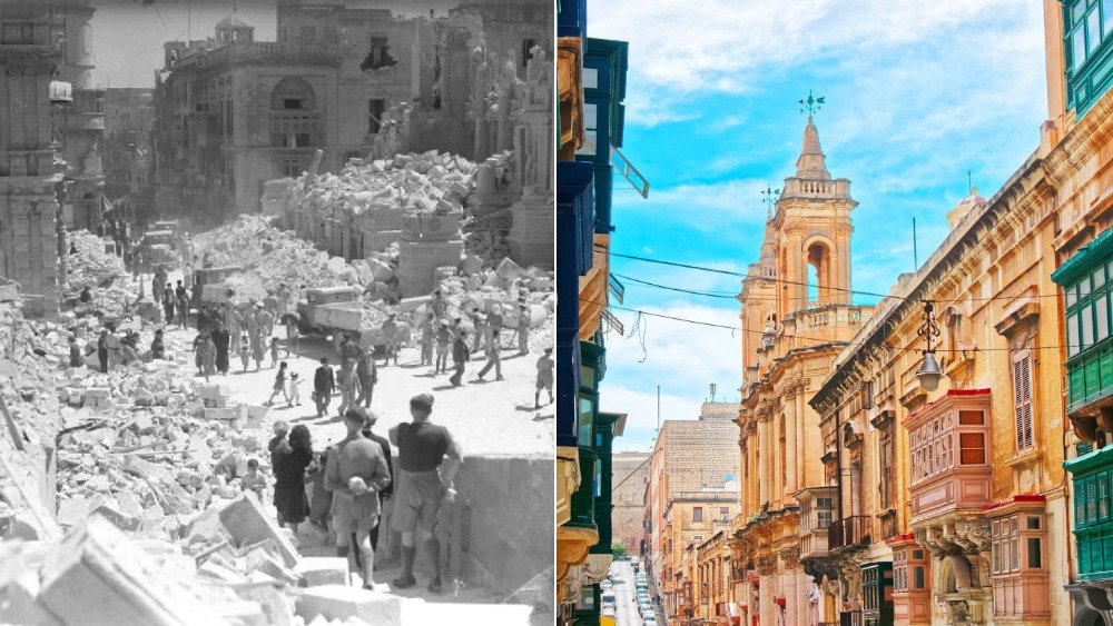 Left: Kingsway in Valletta, Malta's capital, in 1942. Right: Valletta today