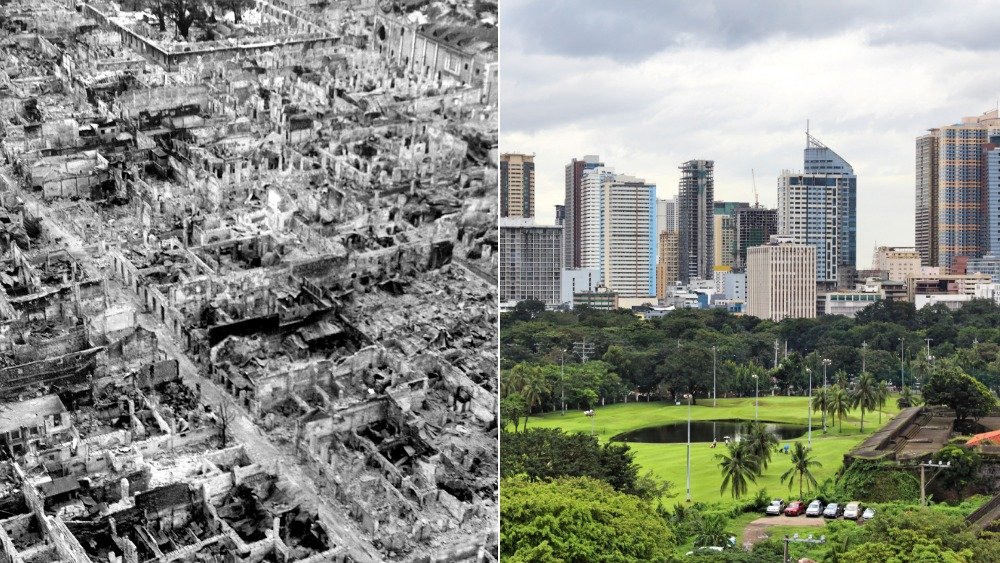 Left: Destruction at the Walled City (Intramuros district) of old Manila in May 1945. Right: A view of the Manila skyline from within the Intramuros district today.