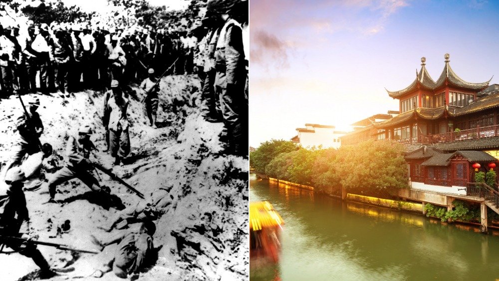 Left: Japanese soldiers using local residents for Bayonet practice in 1937. Right: The idyllic Confucius Temple in Nanjing City today.