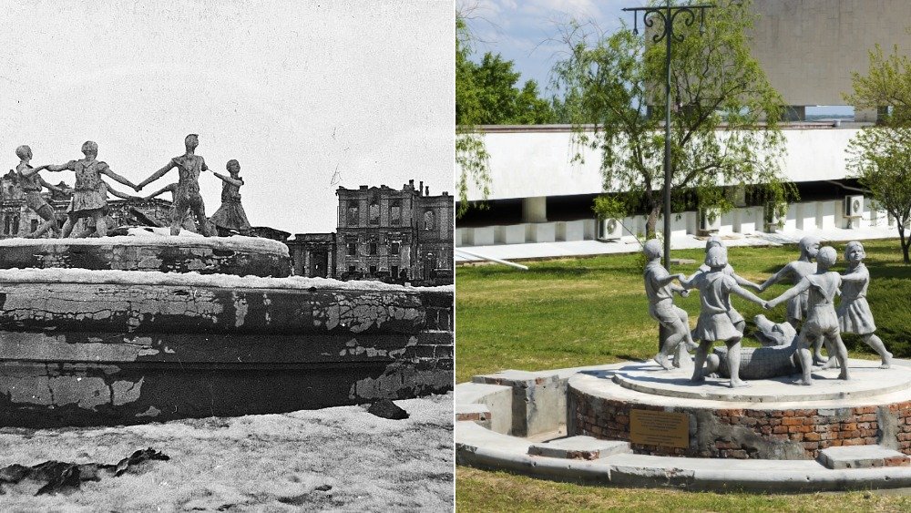 Left: The Barmaley Fountain after the Battle for Stalingrad in 1943. Right: One of two replicas of the Barmaley Fountain the city of Volgograd installed in 2013.