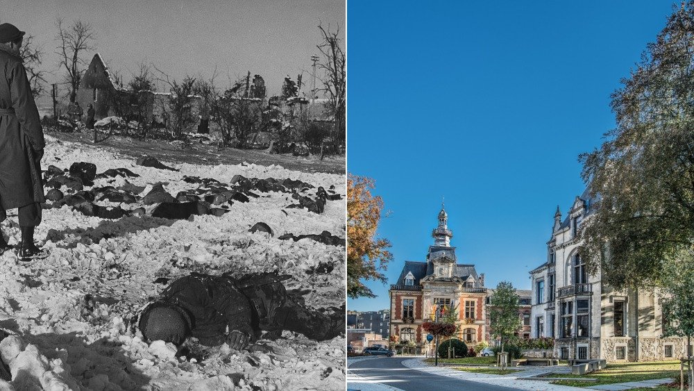 Left: The aftermath of the Malmedy Massacre in 1944. Right: The town center of Malmedy, Belgium, today