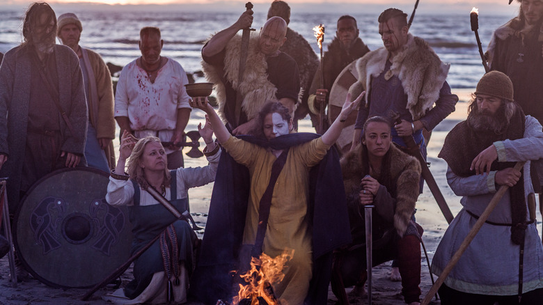 Reenactors hold Viking funeral ritual