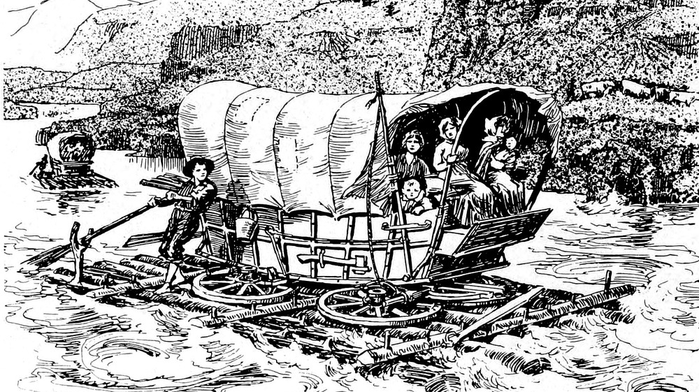 drawing of wagon crossing river