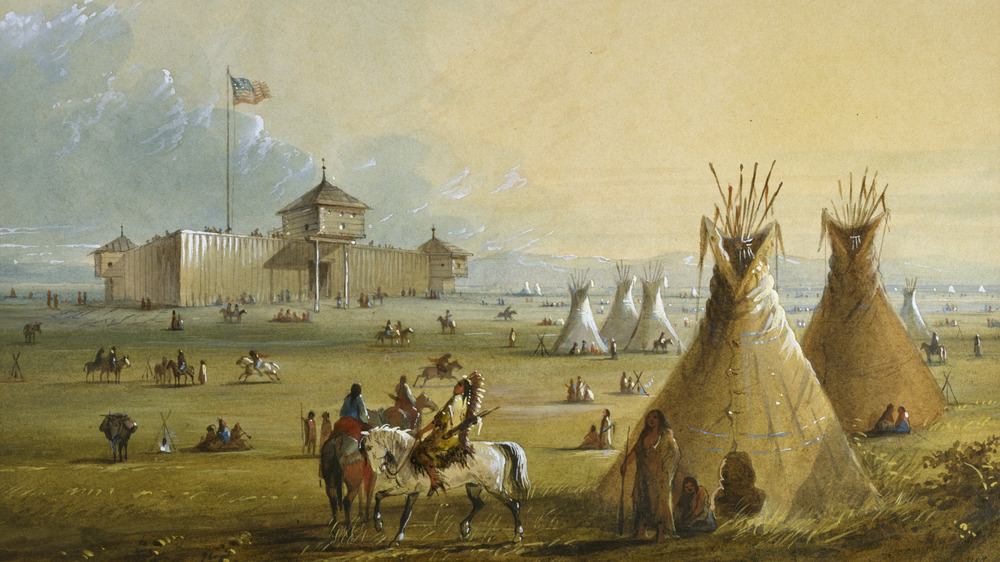 painting of fort laramie with tee pees