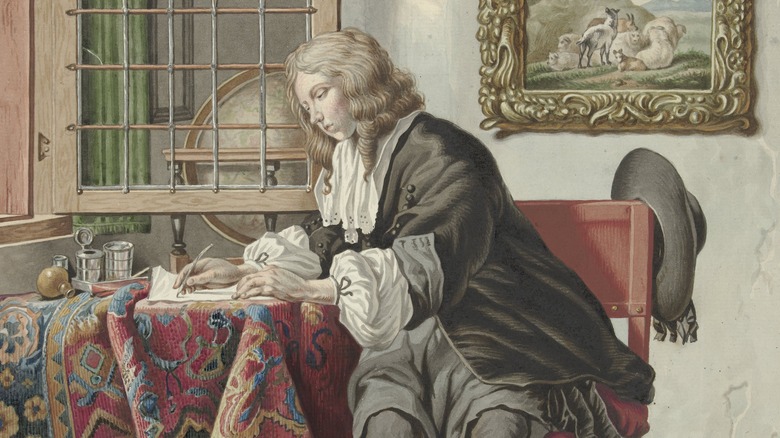 illustration of man writing at window with quill pen