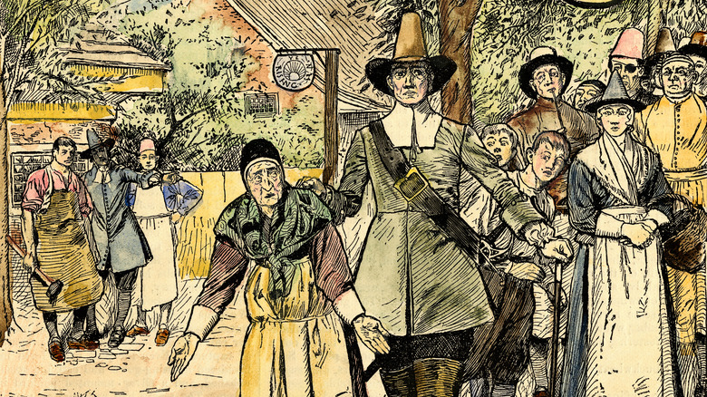 illustration of colonial elderly woman arrested