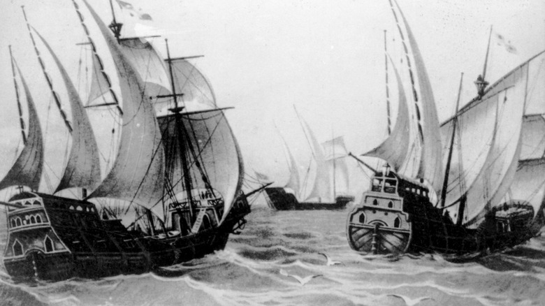 engraving of the three columbian ships