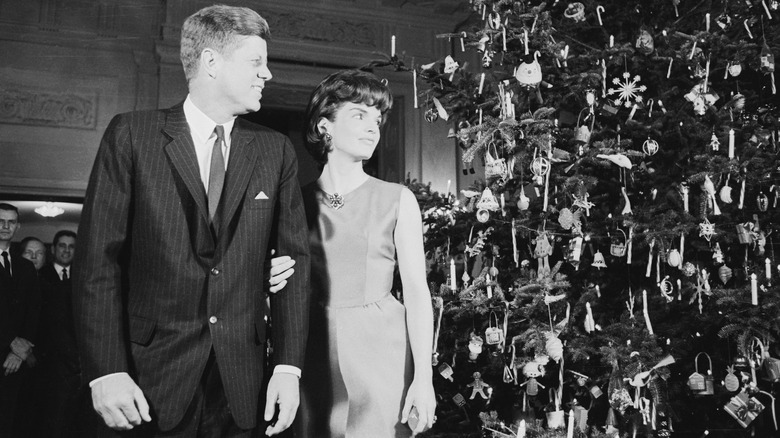 John F. and Jackie Kennedy looking at the Christmas tree