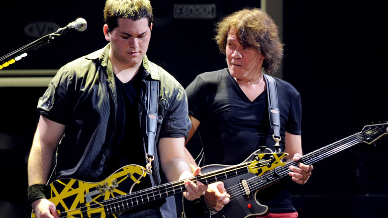 Wolfgang and Eddie Van Halen playing together on stage in 2012