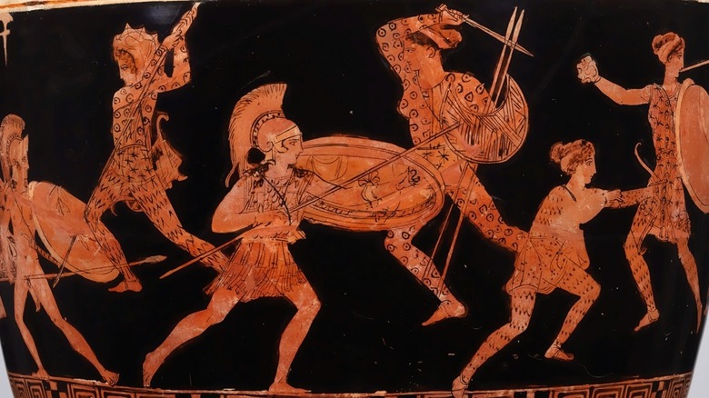 Terracotta lekythos showing Amazons fighting