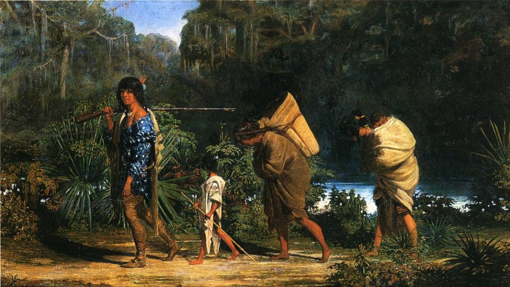 An 1847 painting by Alfred Boisseau depicts Louisiana natives marching along a bayou 