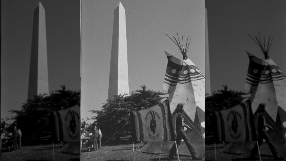 Tipi with sign "American Indian Movement" on the grounds of the Washington Monument, Washington, D.C., during the "Longest walk"