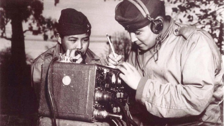 Code Talkers PFC Preston Toledo of Albuquerque, New Mexico and his cousin PFC Frank Toledo of Penistaja, New Mexico