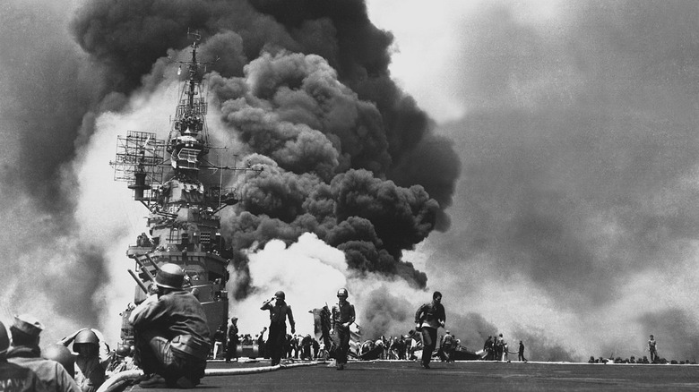 smoke cloud over destroyed ship