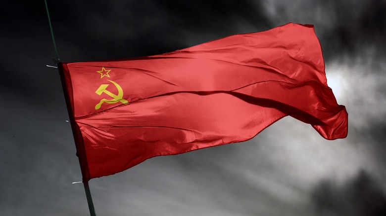 soviet flag against gray skies