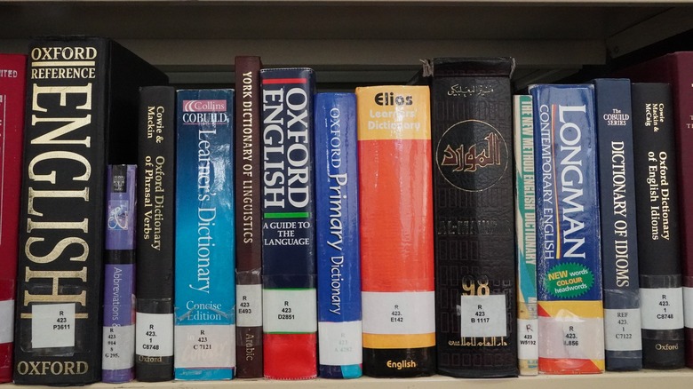 English dictionaries on library shelf