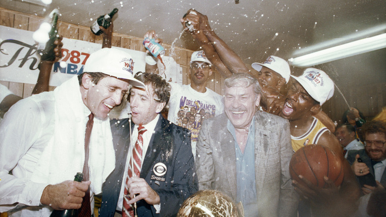 Jerry Buss with LA Lakers after victory