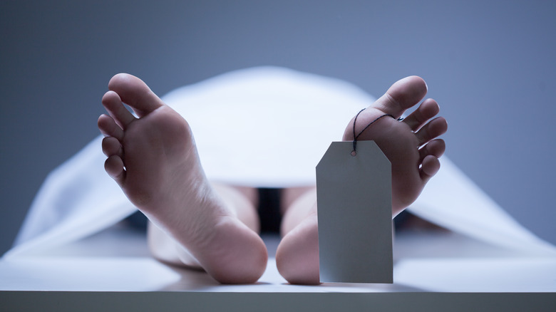 close up of feet on autopsy table