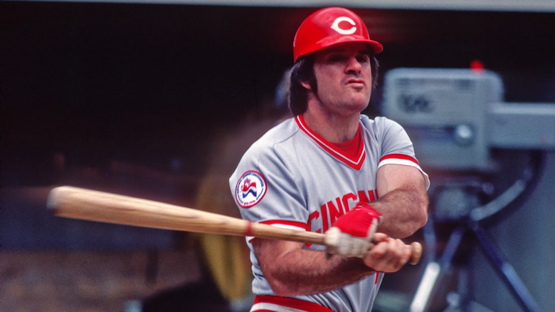 Pete Rose swinging a bat