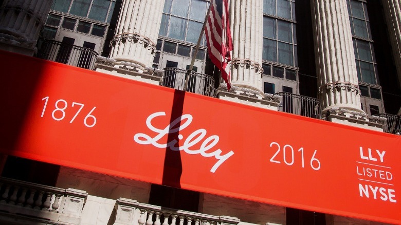 Eli Lilly red banner pillared building exterior