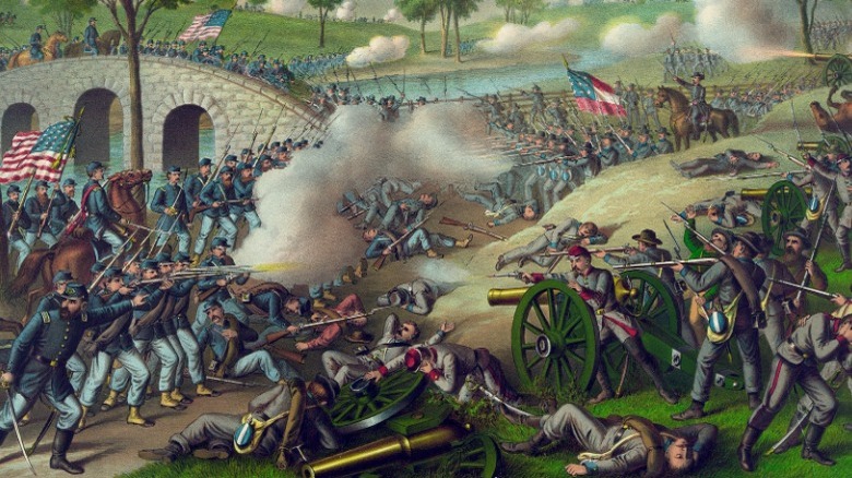 Painting of Civil War battle river and bridge