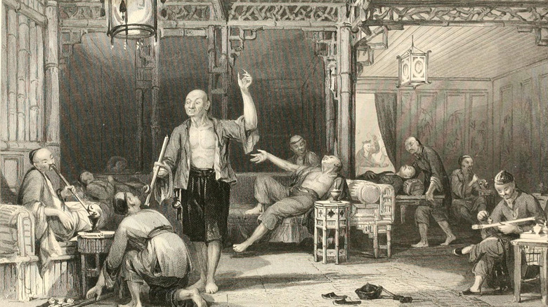 Drawing of a Chinese opium den.