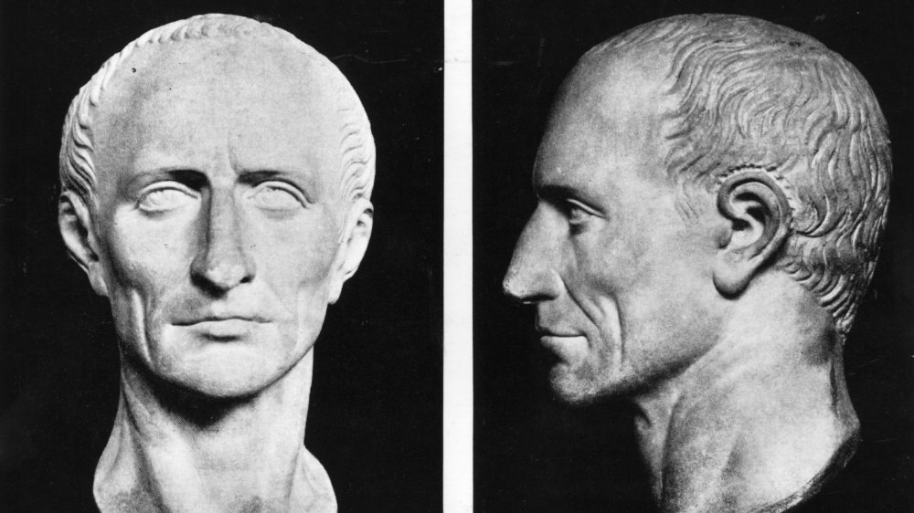 Front and profile views of the bust of Roman dictator Julius Caesar