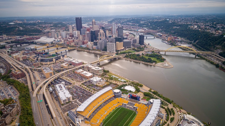 overhead aerial shot of Pittsburgh