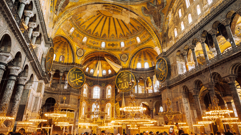 Interior of the Hagia Sophia lamps lit