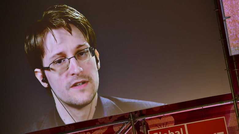 Edward Snowden speaks at an event